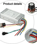 Beefy 70A DC Brushed Motor Controller With Forward Reverse Control For 12V-48V Systems, 4000W Capacity, Wide 10V-60V Input, Ideal For Industrial Automation, Pumps, Conveyors, And Robotics. Silver aluminum PWM controller with wiring and knob