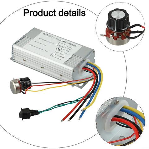 Beefy 70A DC Brushed Motor Controller With Forward Reverse Control For 12V-48V Systems, 4000W Capacity, Wide 10V-60V Input, Ideal For Industrial Automation, Pumps, Conveyors, And Robotics. Silver aluminum PWM controller with wiring and knob