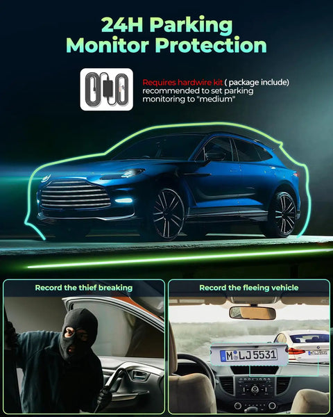 24H Parking Monitor Protection with 4 Channel Dash Cam With 360 View And 1080P Front Rear Inside Left Right Cameras, Parking Monitor With Hardwire Kit For 24 Hour Vehicle Security, IR Night Vision, 128GB Card Included