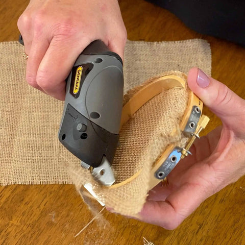 Cordless Electric Craft Scissors With Two Blades And Charger cutting burlap for DIY sewing project