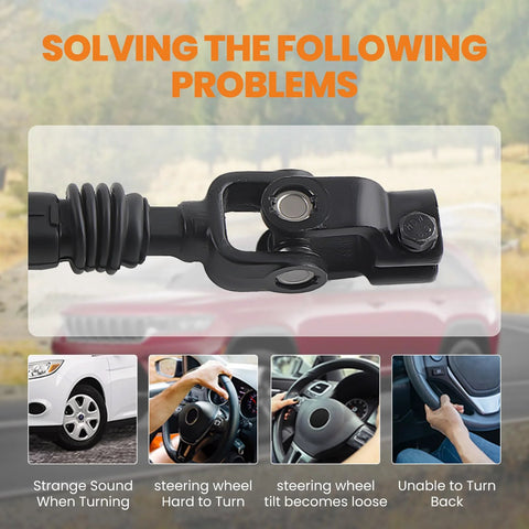 Close-up of maXpeedingrods adjustable-length steering column intermediate shaft, black metal for Jeep vehicles
