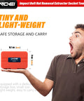 Metric Bolt Extractor Set With Ten Plus One Pieces shown in compact red storage case held by surprised person.