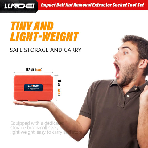 Metric Bolt Extractor Set With Ten Plus One Pieces shown in compact red storage case held by surprised person.