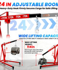 Easy Roll Three Ton Folding Hydraulic Engine Hoist Packs A Beastly Nine Ton Pump And Four Swift Casters Heavy Duty Alloy Steel Cherry Picker Crane with adjustable 24 in boom, showcasing lifting capacity and engine hoist.