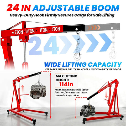 Easy Roll Three Ton Folding Hydraulic Engine Hoist Packs A Beastly Nine Ton Pump And Four Swift Casters Heavy Duty Alloy Steel Cherry Picker Crane with adjustable 24 in boom, showcasing lifting capacity and engine hoist.