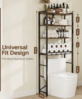 4-Tier Over The Toilet Storage Rack With One-Piece Wood Shelves And Open Net Basket, space-saving bathroom organizer in use.
