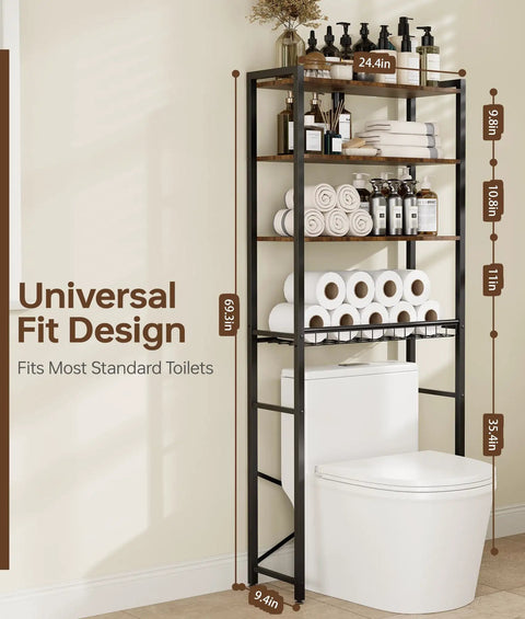 4-Tier Over The Toilet Storage Rack With One-Piece Wood Shelves And Open Net Basket, space-saving bathroom organizer in use.
