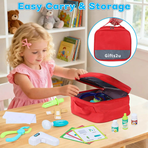 Child playing with Kids Doctor Kit With Real Stethoscope And Storage Bag, 28 Piece Pretend Play Medical Toy For Girls And Boys