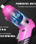 Close-up of the pink 3.6V cordless rechargeable screwdriver from Pink Tool Set For Women 130 Piece Home Toolkit. Powerful motor detail shown.