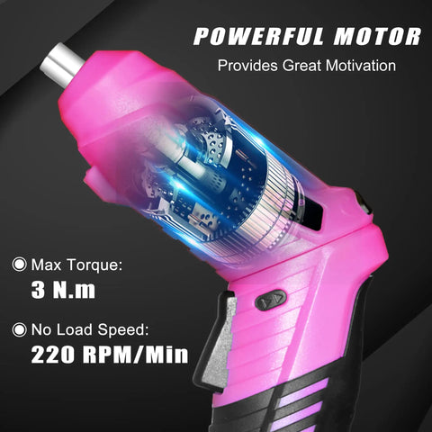 Close-up of the pink 3.6V cordless rechargeable screwdriver from Pink Tool Set For Women 130 Piece Home Toolkit. Powerful motor detail shown.
