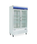 Heavy Duty Commercial Upright Merchandiser Freezer With Digital Temp Readout Eight Coated Wire Shelves Frost Free Auto Cycle Built Tough For Retail Or Restaurant Use In Classic White Finish, shown with double doors and shelves.