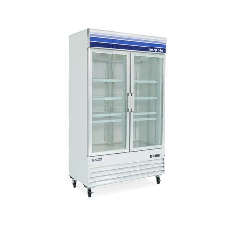 Heavy Duty Commercial Upright Merchandiser Freezer With Digital Temp Readout Eight Coated Wire Shelves Frost Free Auto Cycle Built Tough For Retail Or Restaurant Use In Classic White Finish, shown with double doors and shelves.