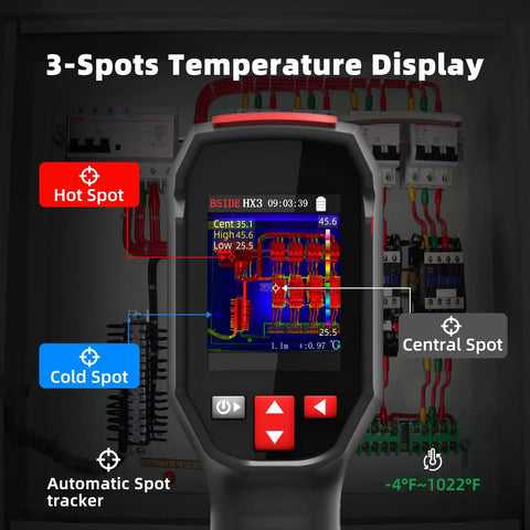 Rechargeable Handheld Infrared Thermal Camera With 240 By 240 Resolution displaying temperature spots on a control panel.