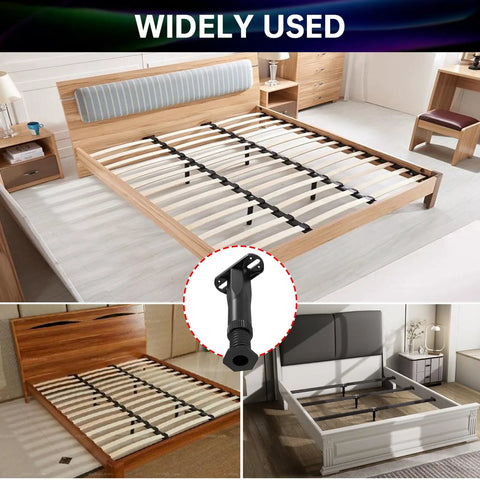 4 Pack Adjustable Bed Frame Support Legs Add Center Support Posts Height Expands From 8 To 14 Inches shown with bed frames and slats.