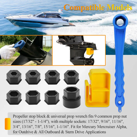 Prop Stop Block And Lightweight Propeller Wrench With Multiple Sockets For Marine Props And All Outboard Stern Drive Applications Includes Nine Common Nut Sizes From About Half Inch To One And Quarter Inch Easy Grip Blue