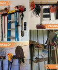 Heavy Duty Garden Tool Organizer Wall Mount Rack With Six Steel Hooks 48 Inch Three Rail Garage Storage System in various settings