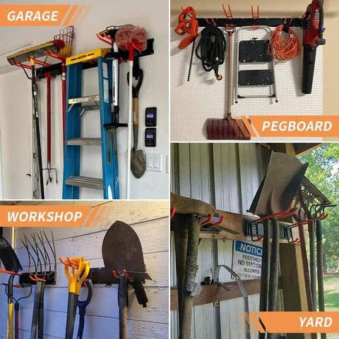 Heavy Duty Garden Tool Organizer Wall Mount Rack With Six Steel Hooks 48 Inch Three Rail Garage Storage System in various settings