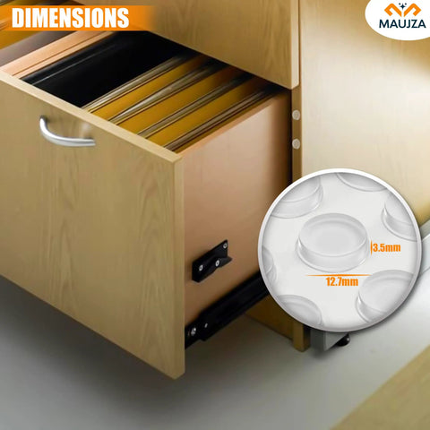 Open drawer showing Soft Close Cabinet Bumpers Kit 128 Pieces For Noise Dampening And Surface Protection Clear Self Adhesive Rubber Pads dimensions.