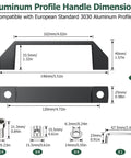 Built Tough 3030 Aluminum Extrusion Door Hardware Kit featuring handle dimensions and accessories for secure mounting.