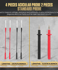 4 pieces acicular probe 2 pieces standard probe for 68 Piece Multimeter Test Leads Kit With Replaceable Wire Piercing Probes 32A 1000V Alligator Clips Banana Plug Adapters Jumpers And Extension Cables From Male To Female 4mm Banana Plug showing length in centimeters and inches.