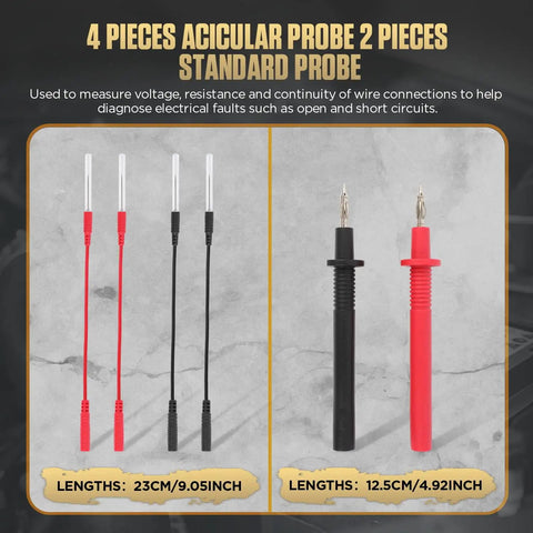 4 pieces acicular probe 2 pieces standard probe for 68 Piece Multimeter Test Leads Kit With Replaceable Wire Piercing Probes 32A 1000V Alligator Clips Banana Plug Adapters Jumpers And Extension Cables From Male To Female 4mm Banana Plug showing length in centimeters and inches.