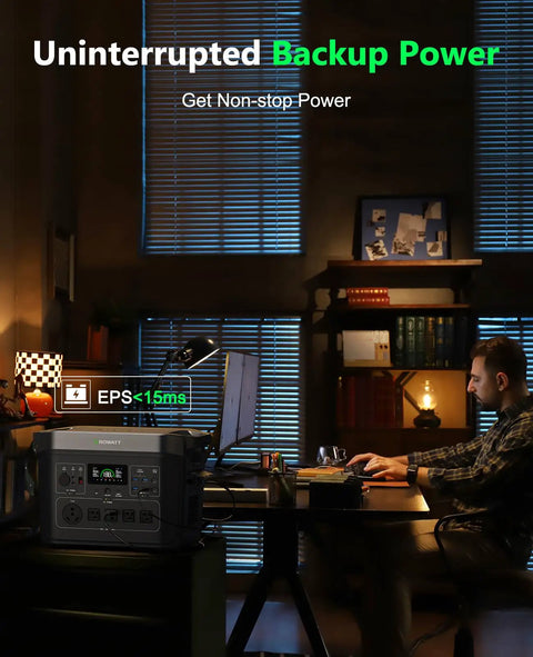 Man using Infinity 2000 Pro Portable Power Station 2048Wh LiFePO4 Battery, 2400W AC Output, Solar Generator for home backup at night.
