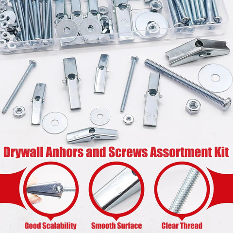 Heavy Duty Drywall Toggle Bolts Kit With 100 Pieces Hollow Wall Anchors And Screws In Three Sizes 1/8 Inch 3/16 Inch And 1/4 Inch Including Wing Nuts And Washers For Secure Mounting Of Shelves Cabinets And Fixtures, with close-up of components displayed.