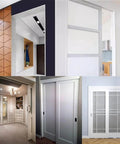 Whisper Quiet Double Track Sliding Barn Door Hardware Kit With Ceiling Mount Rail System, installed in various modern interiors.