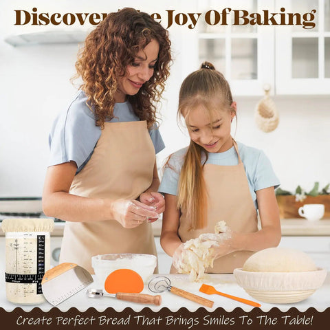 Mother and daughter using All-In-One Sourdough Starter Kit With Round And Oval Proofing Baskets, utensils visible on kitchen counter.