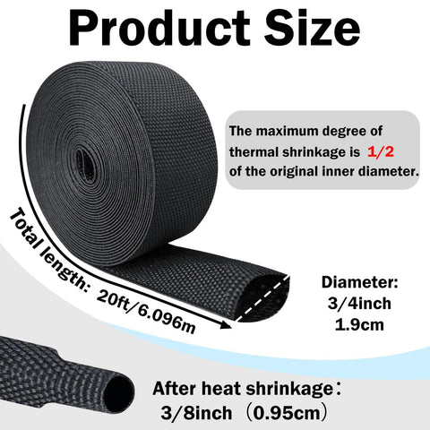 Heavy Duty Braided Wire Loom And Heat Shrink Cable Sleeving Kit for Wires Cables And Hoses 20 Feet Long with shrinkage details