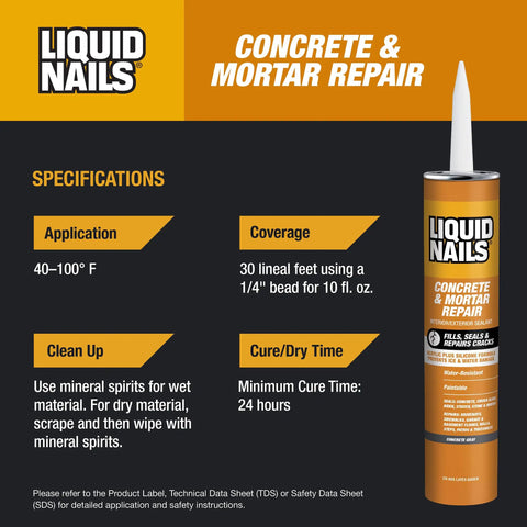 Heavy Duty Concrete And Mortar Repair Adhesive For Plugging Deep Cracks And Patching Blown Out Masonry Indoors Or On The Driveway Pro Grade Water Resistant All Weather Formula 10 3 Oz Tube specifications including application and coverage details.