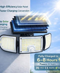 Solar Motion Sensor Outdoor Flood Lights With 3000 Lumen Output And Three Adjustable Heads charging under sunlight
