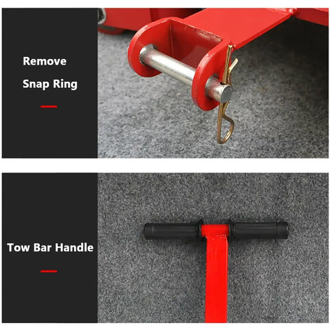 Heavy Duty Industrial Mover Dolly Featuring 360 Swivel Casters And Grippy Non Slip Pads close-up of tow bar handle and snap ring.