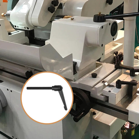 Pro Grade Shop Staple M10 Adjustable Knob Handle With 100mm Male Thread and Push Button Ratchet Lock shown on lathe.