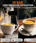 No Stress Touchscreen Espresso Machine With Automatic Milk Frother And 20 Bar Pressure brewing espresso into cup with rich crema.