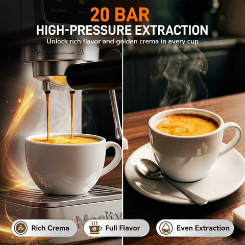 No Stress Touchscreen Espresso Machine With Automatic Milk Frother And 20 Bar Pressure brewing espresso into cup with rich crema.