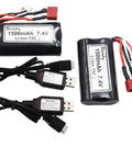 Two Pack 7.4V 1500mAh 15C Li-ion RC Battery With T Plug Connector And USB Cable For 9155 And 9156 1:12 Scale RC Truck