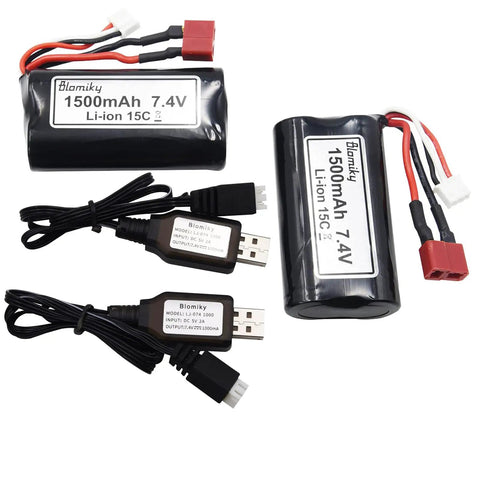 Two Pack 7.4V 1500mAh 15C Li-ion RC Battery With T Plug Connector And USB Cable For 9155 And 9156 1:12 Scale RC Truck