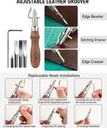 Adjustable leather groover tool with replaceable heads and installation steps for leather crafting projects.