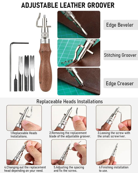 Adjustable leather groover tool with replaceable heads and installation steps for leather crafting projects.