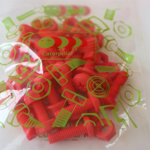 Top Tier Red Polypropylene Pan Head Cross Recess Fasteners M6 X 20mm Set Includes matching nuts and washers in clear packaging.