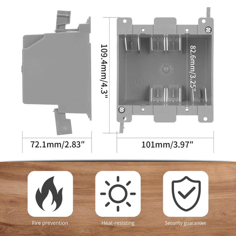 Double Gang Old Work Electrical Box 25 Cubic Inches 2 Gang Remodel Box Grey ETL Listed Fire Rated For 2 Hours dimensions shown