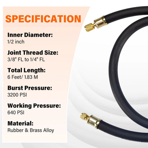 HVAC vacuum hose, 1/2 inch ID, 6 ft length, black rubber with brass fittings