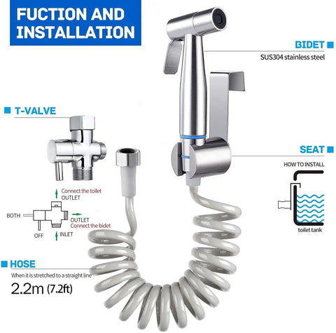 Handheld Bidet Sprayer for Toilet with Brass T-Valve Adapter, Adjustable Water Pressure, Retractable Hose, Easy Install diagram