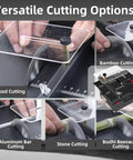 Compact Table Saw With 100W Power demonstrating versatile cutting options for wood, bamboo, aluminum, stone, and beeswax.