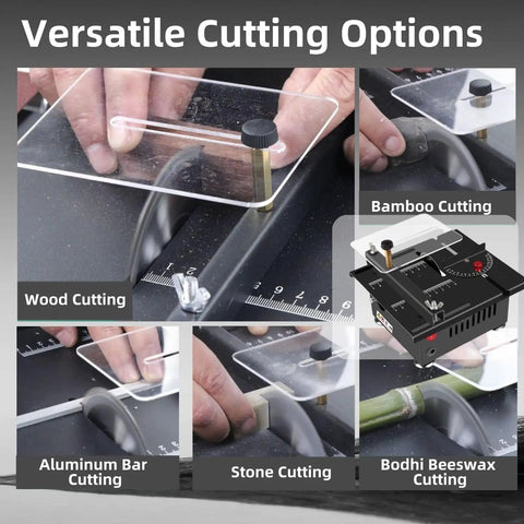 Compact Table Saw With 100W Power demonstrating versatile cutting options for wood, bamboo, aluminum, stone, and beeswax.