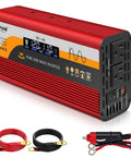 Beefy 1000W Pure Sine Wave Inverter for RV and Home with LCD and accessories, shown in red color with cables and plug.