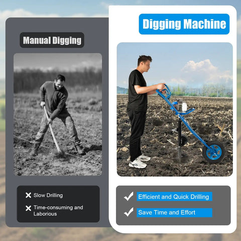 Comparison of manual digging vs. Gas Powered Post Hole Digger With 63cc Two Stroke Engine High Speed Earth Auger Drill 11.81 Inch Bit
