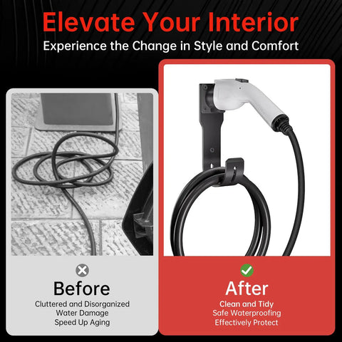 Before and after of EV Charger Wall Mount Kit With J Hook Cable Holder For SAE J1772 Connectors Sturdy Charging Cable Box Holder