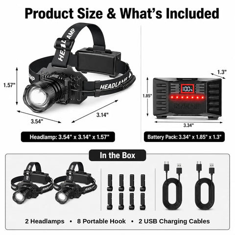 Rechargeable Dual Headlamp Pack 1200 Lumen Dope Bright White And Red LEDs showing headlamp, battery pack, accessories, and dimensions.